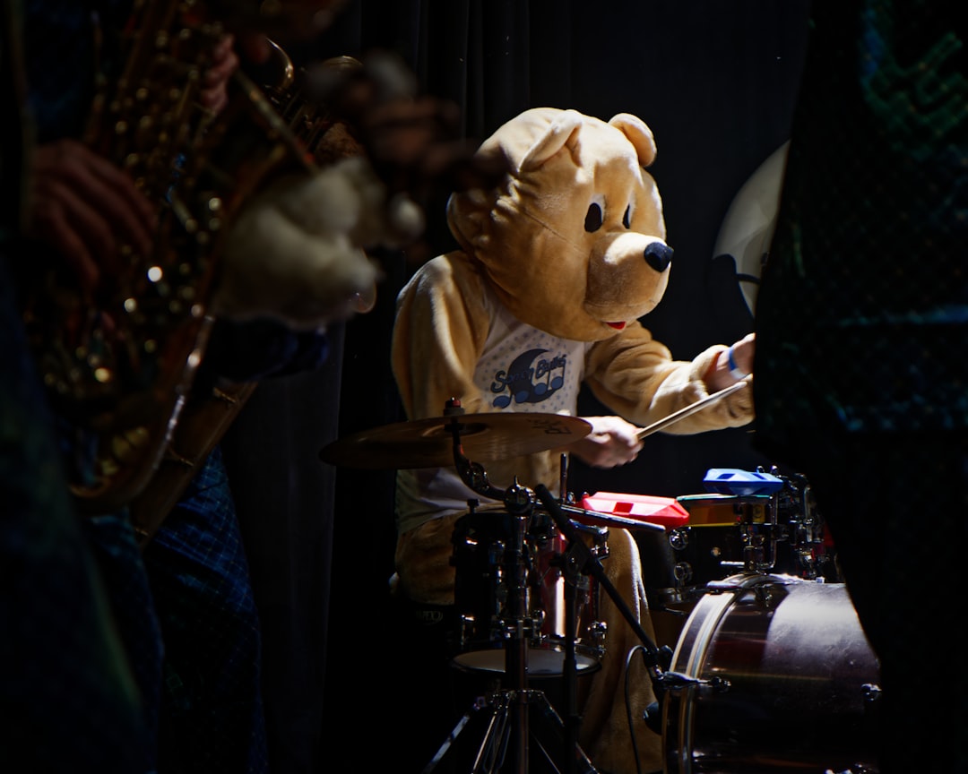 Drum kit and percussion instruments in a studio setting